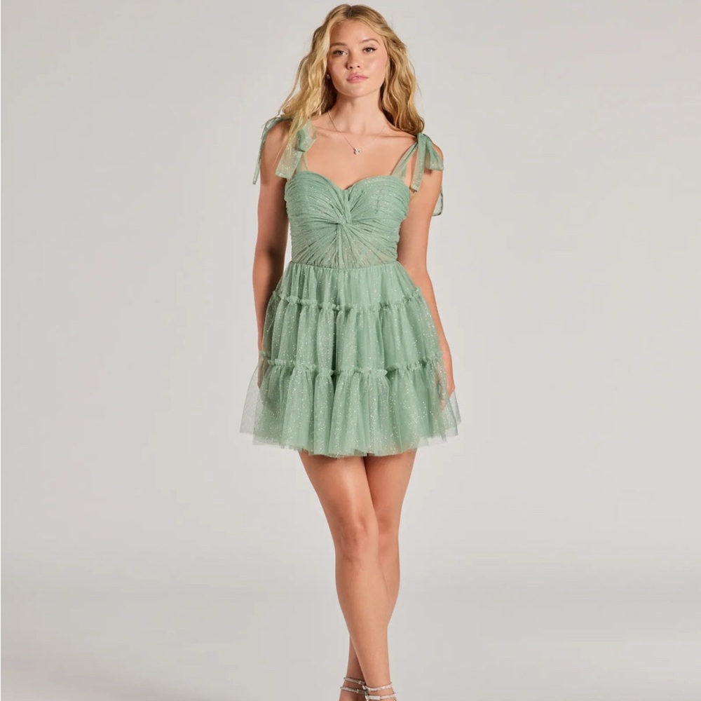 Windsor Sage Glitter Mesh Dress